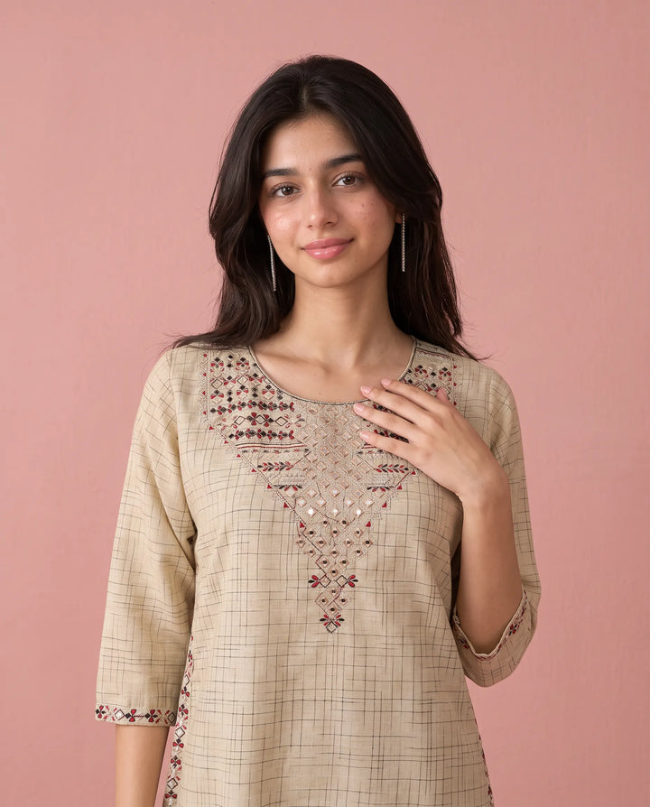 Beige Embroidered Cotton Straight cut Long Kurta