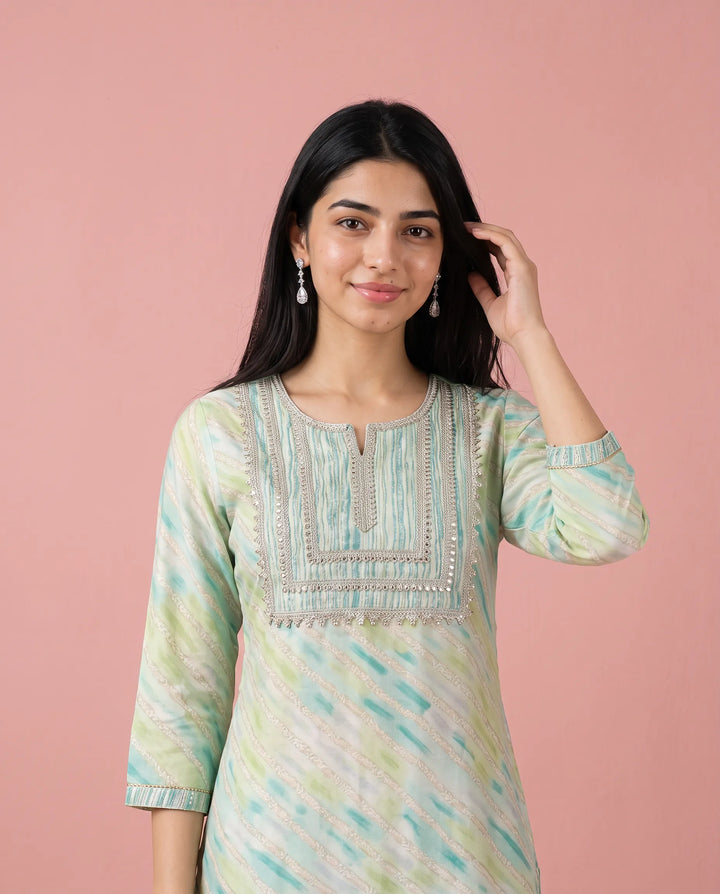 Green Printed Viscose Blended Straight cut Long Kurta