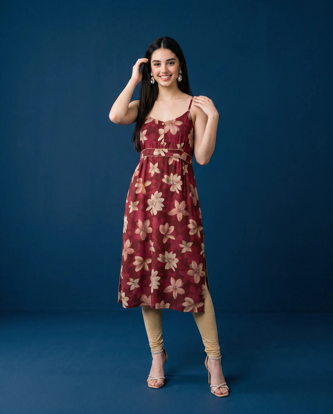 Maroon Printed Viscose Blended Spaghetti Strap Straight Cut Long Kurta