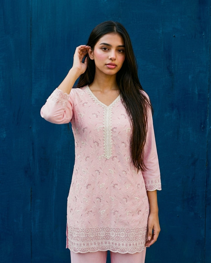 Pink Embriodered Cotton Satin Co-Ord Set