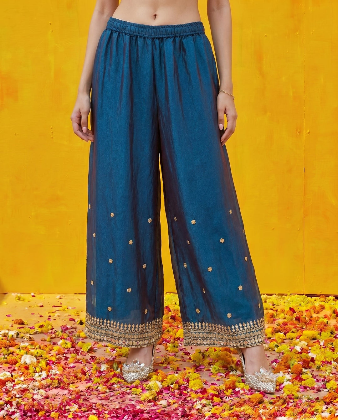 Navy Embriodered Silk Blended Spaghetti Strap Kurta Bottom Dupatta Set