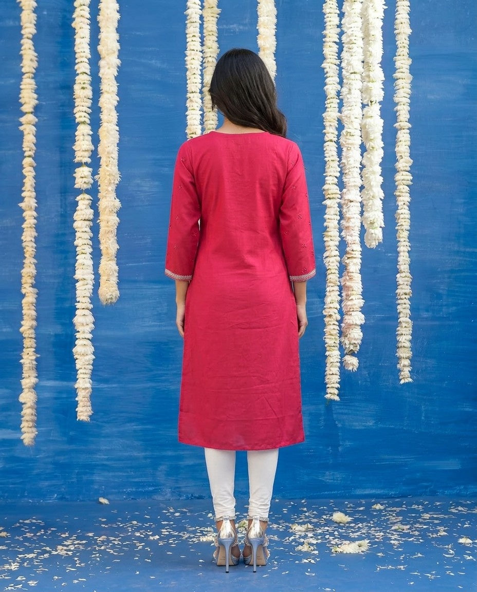 Magenta Embroidered Viscose Blended Straight cut Long Kurta