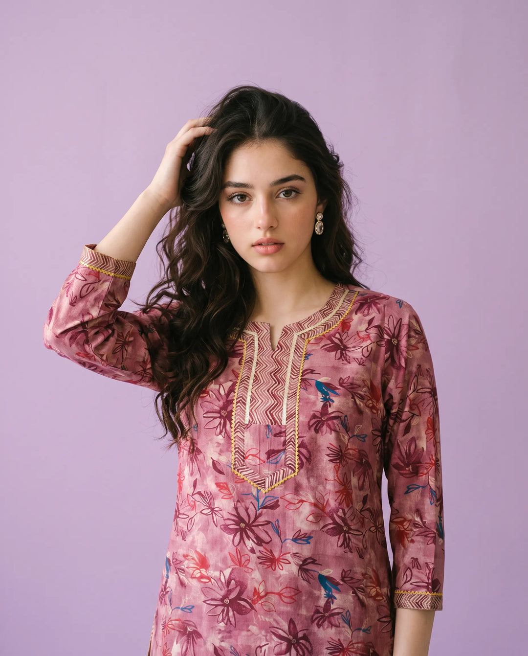 Violet Printed Viscose Blended Short Kurti