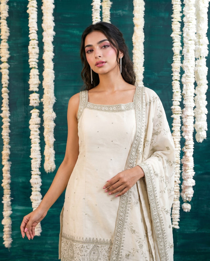 White Embriodered Silk Blended Sleeveless Kurta Bottom Dupatta Set