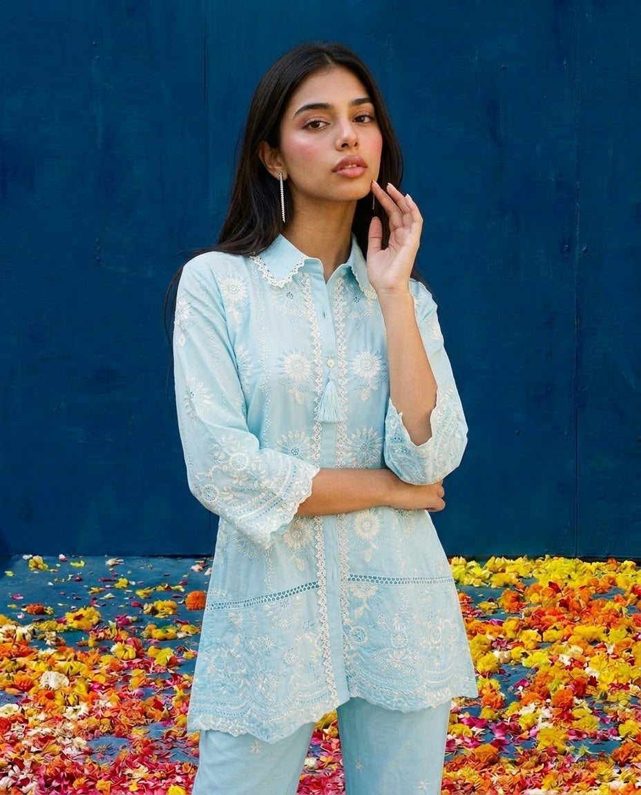Sky Blue Embroidered Cotton Satin Co-Ord Set