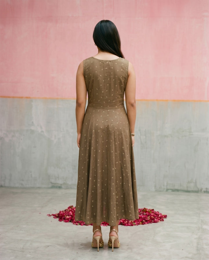Brown Printed Viscose Blended Sleeveless Maxi Dress