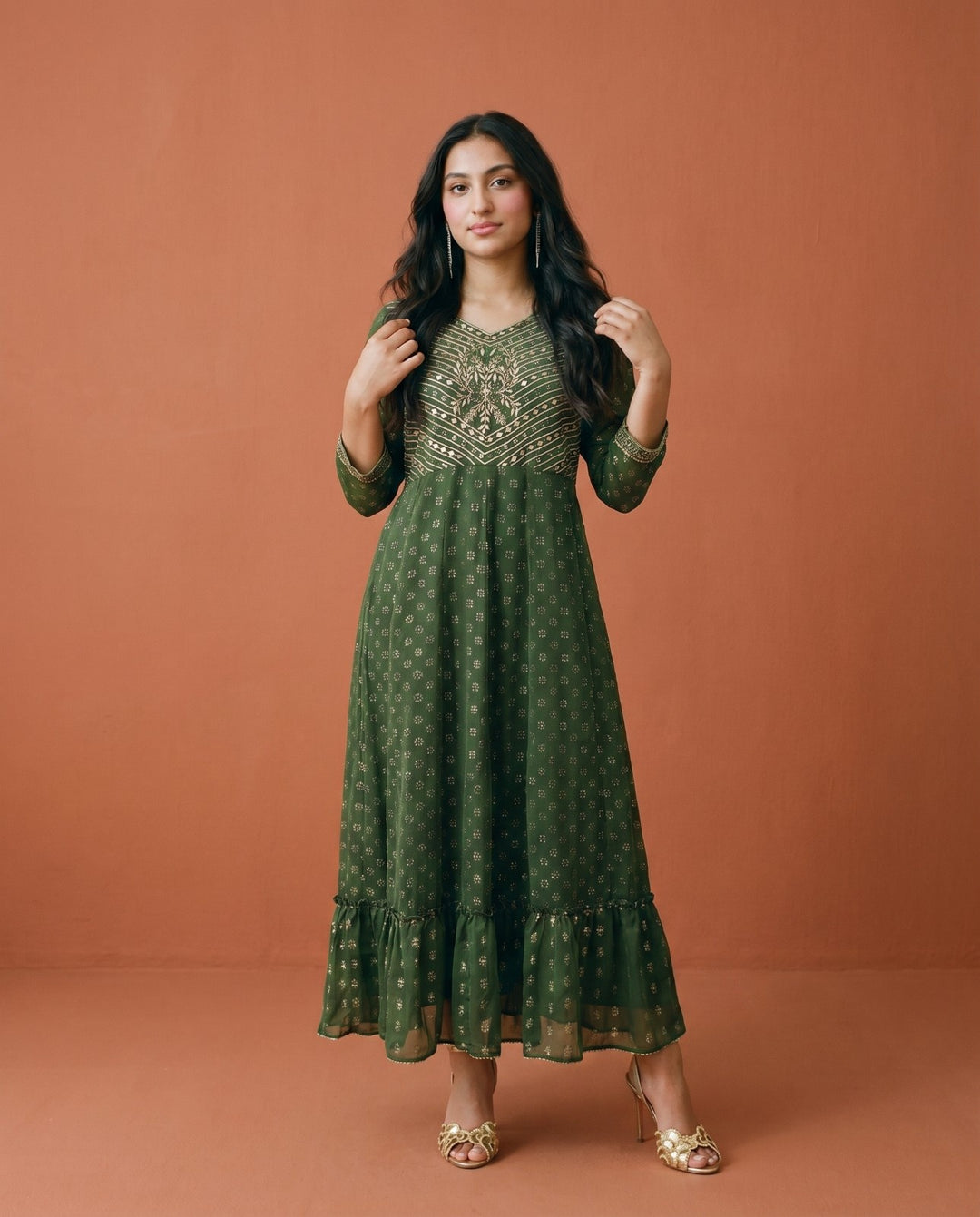 Bottle Green Embriodered Georgette Maxi Dress