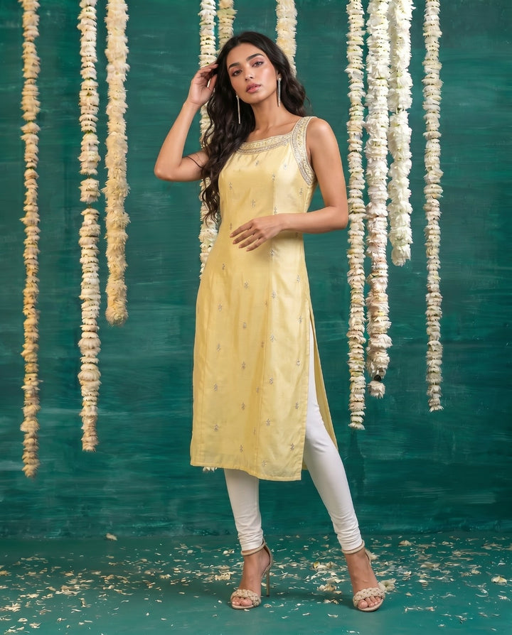 Yellow Embroidered Viscose Blended  Sleeveless Straight cut Long Kurta