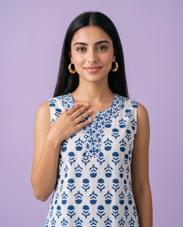 Blue Printed Pure Cotton Hand-Block Printed Midi Dress
