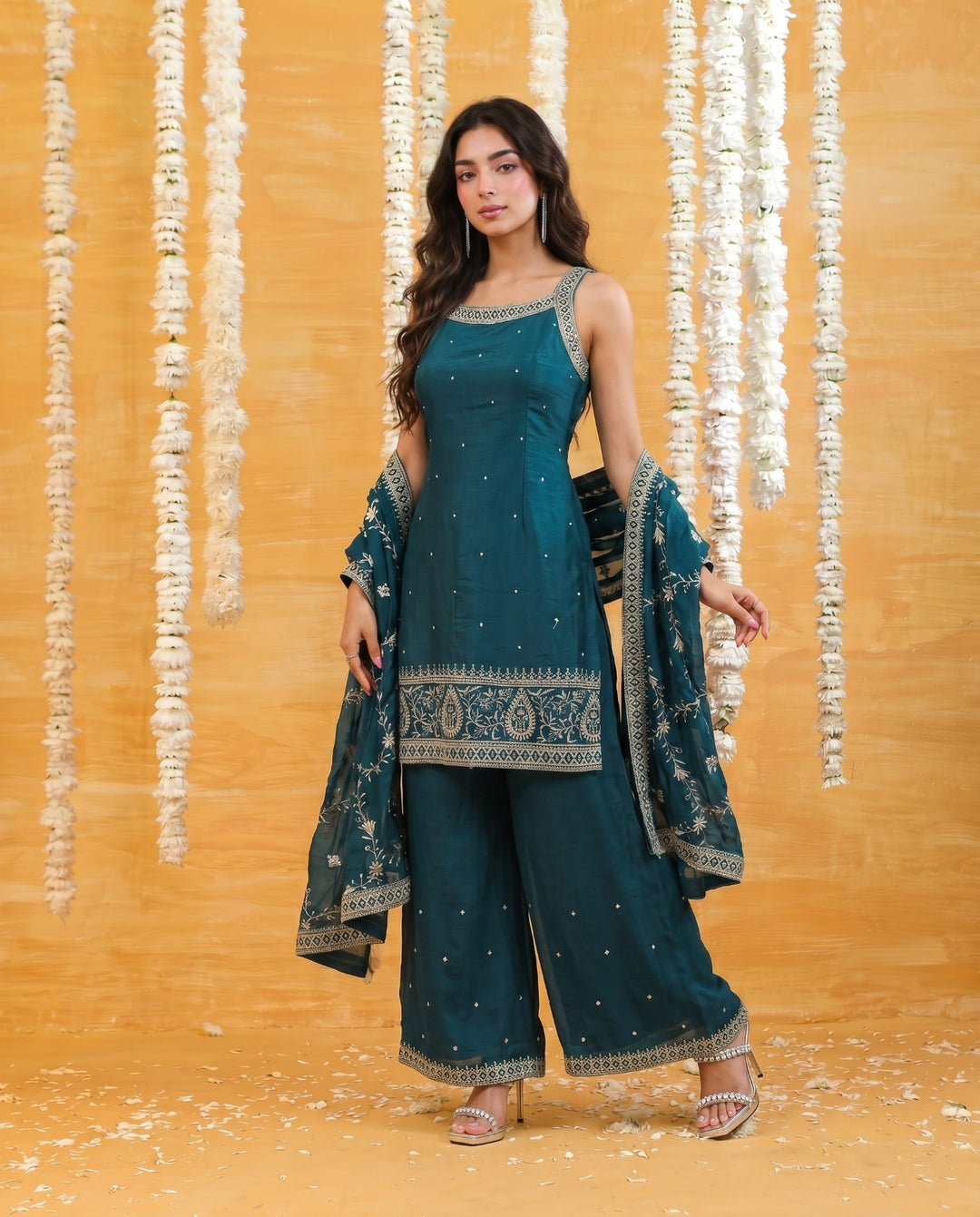 Bottle Green Embriodered Silk Blended Sleeveless Kurta Bottom Dupatta Set