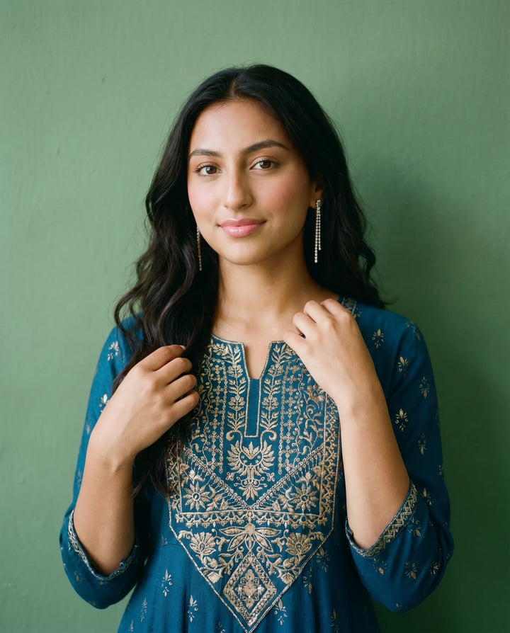 Blue Embriodered Rayon Maxi Dress