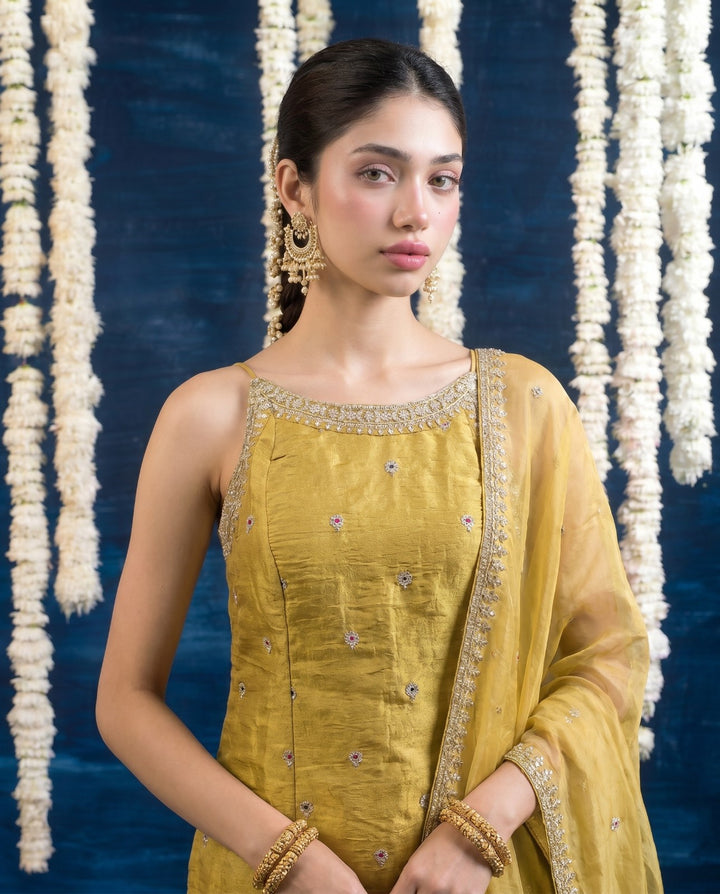 Yellow Embriodered Silk Blended Spaghetti Strap Kurta Bottom Dupatta Set