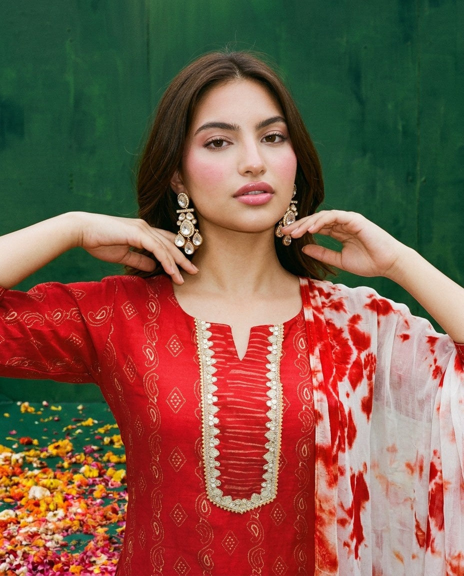 Red Cotton Kurta Bottom Dupatta Set