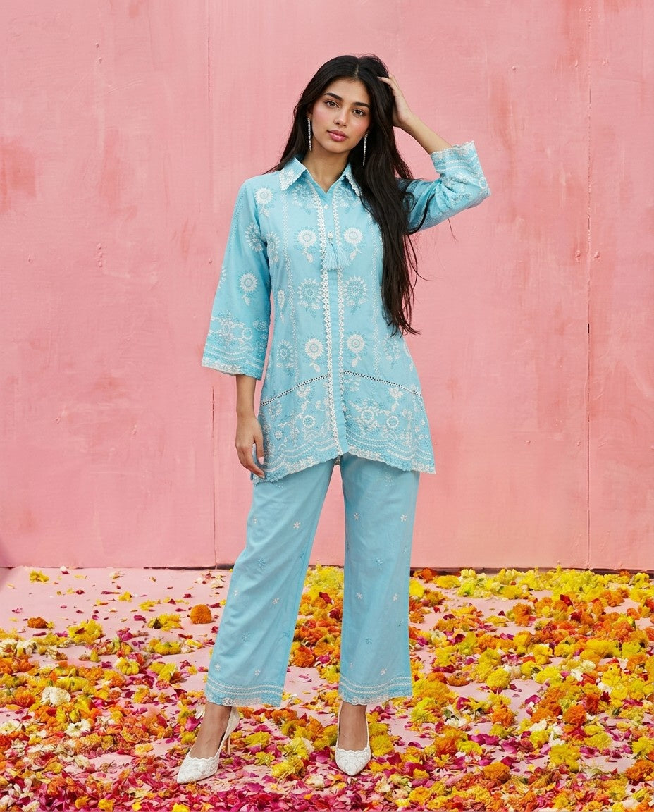 Blue Embroidered Cotton Satin Co-Ord Set