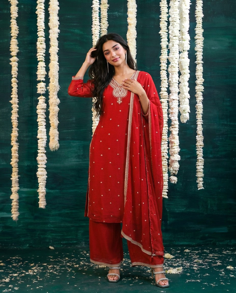 Red Embriodered Silk Blended Kurta Bottom Dupatta Set