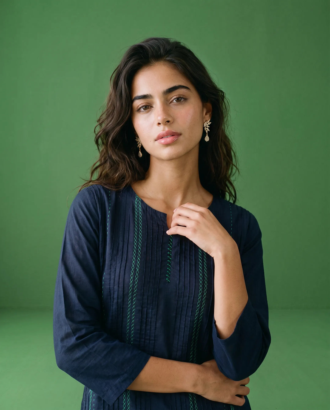 Navy Embroidered Cotton Straight cut Long Kurta