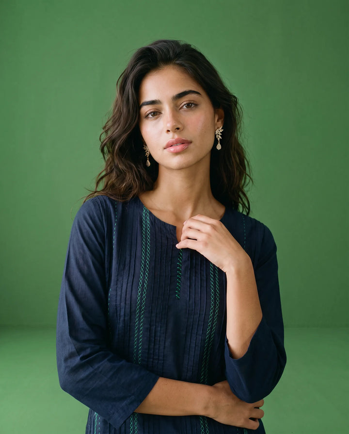 Navy Embroidered Cotton Straight cut Long Kurta