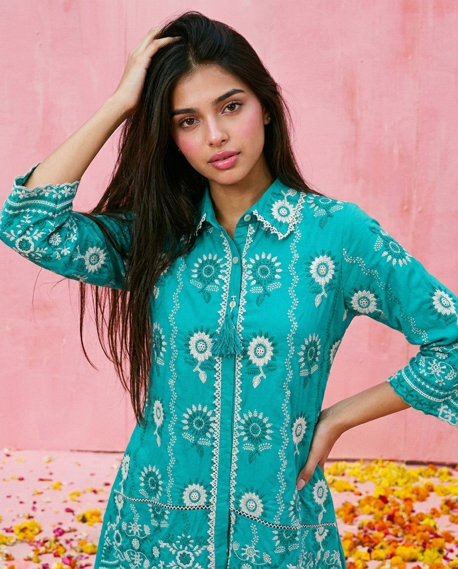 Turquoise Embroidered Cotton Satin Co-Ord Set