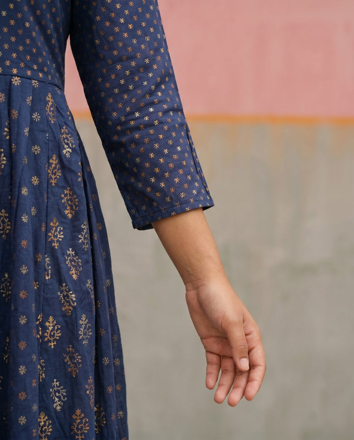 Navy Printed Mal Cotton Foil Printed Maxi Dress