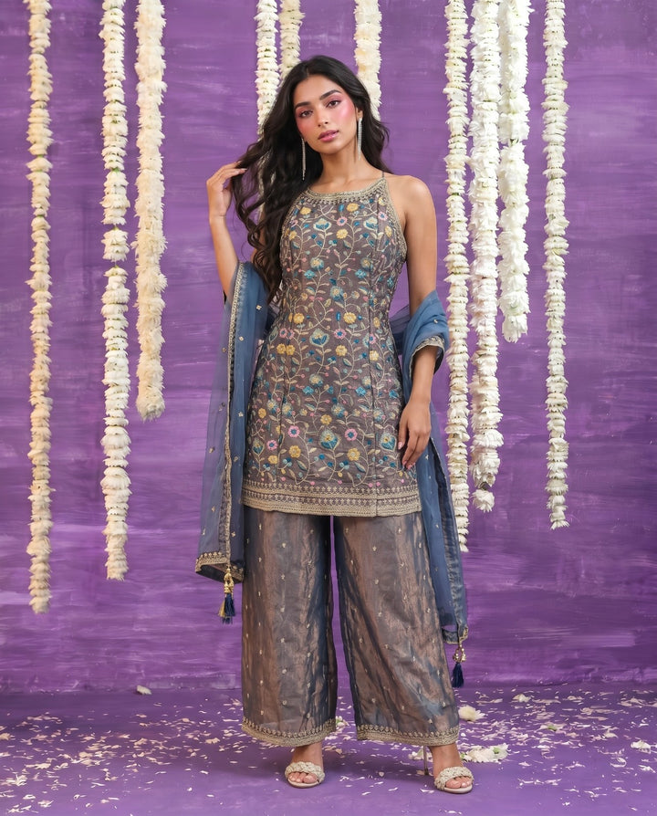 Grey Embriodered Silk Blended Spaghetti Strap Kurta Bottom Dupatta Set