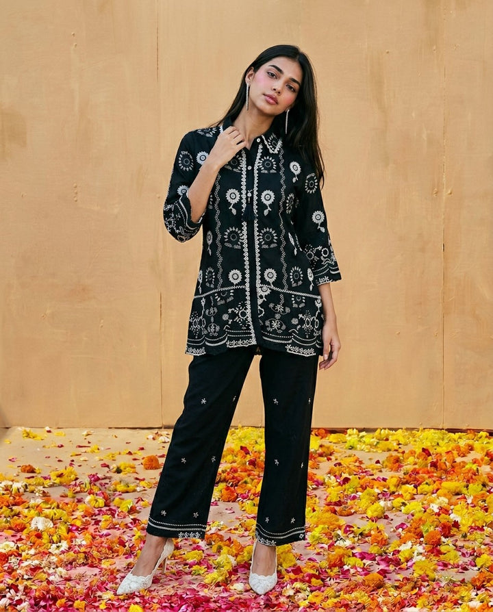 Black Embroidered Cotton Satin Co-Ord Set
