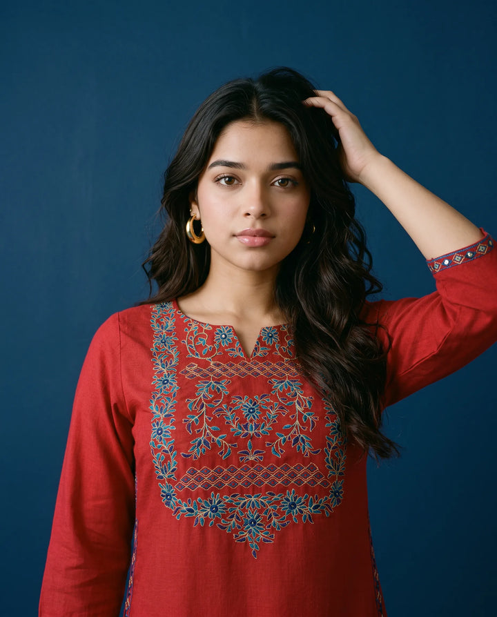 Maroon Embroidered Viscose Blended Straight cut Long Kurta