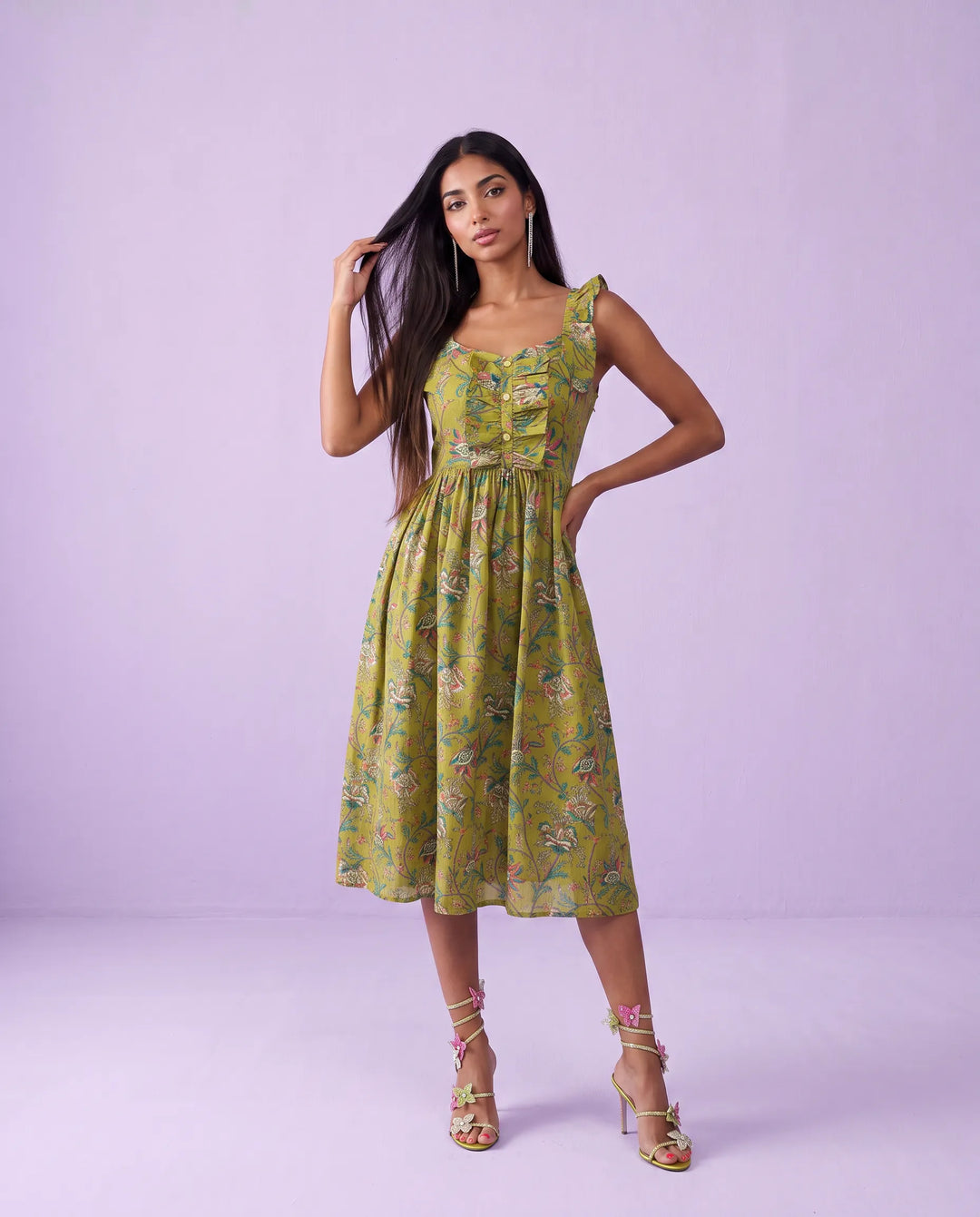 Green Printed Cotton Blended Midi Dress