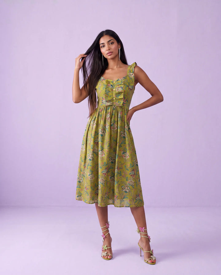 Green Printed Cotton Blended Midi Dress