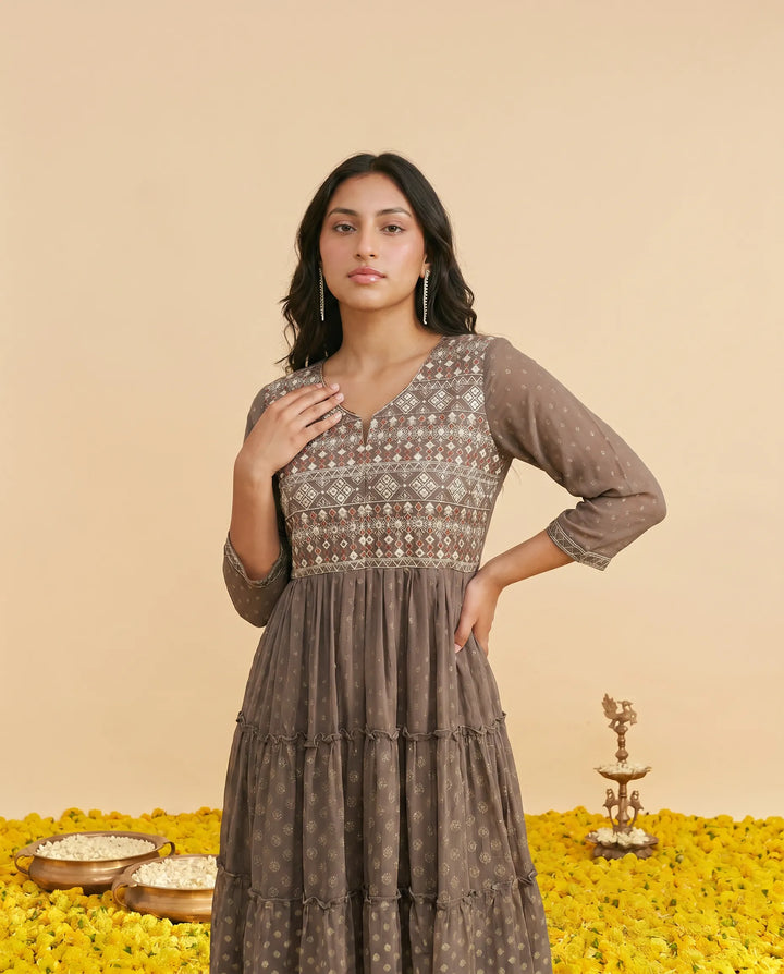 Brown Embriodered Georgette Maxi Dress