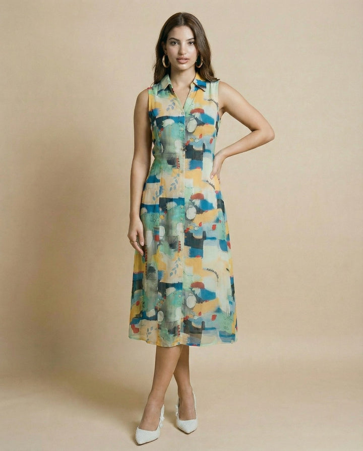 Multi-colour Printed Cotton Blended Midi Dress