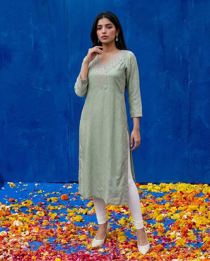Pista Embroidered Silk Blended 3/4 Sleeves Straight Cut Long Kurta