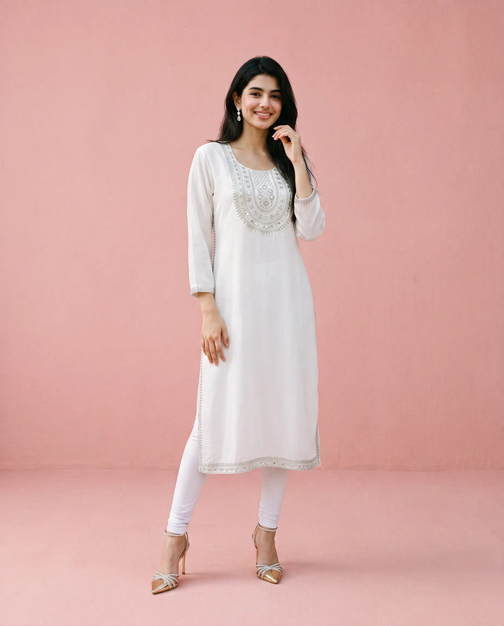 White Embroidered Rayon Straight cut Long Kurta