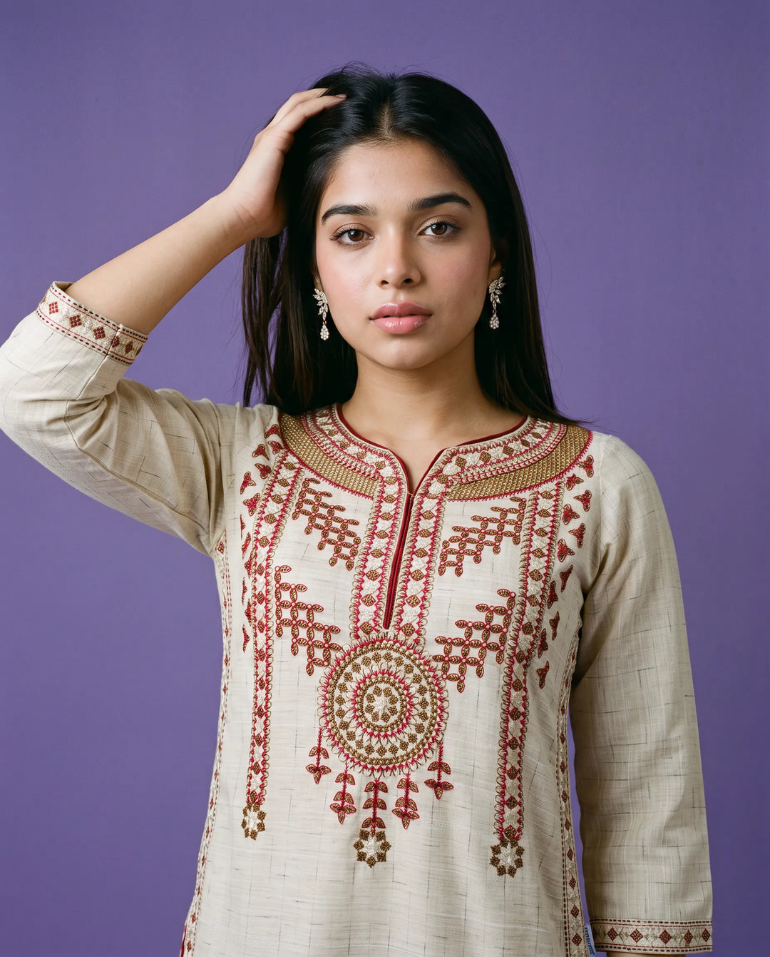 Beige Embroidered Cotton Straight cut Long Kurta