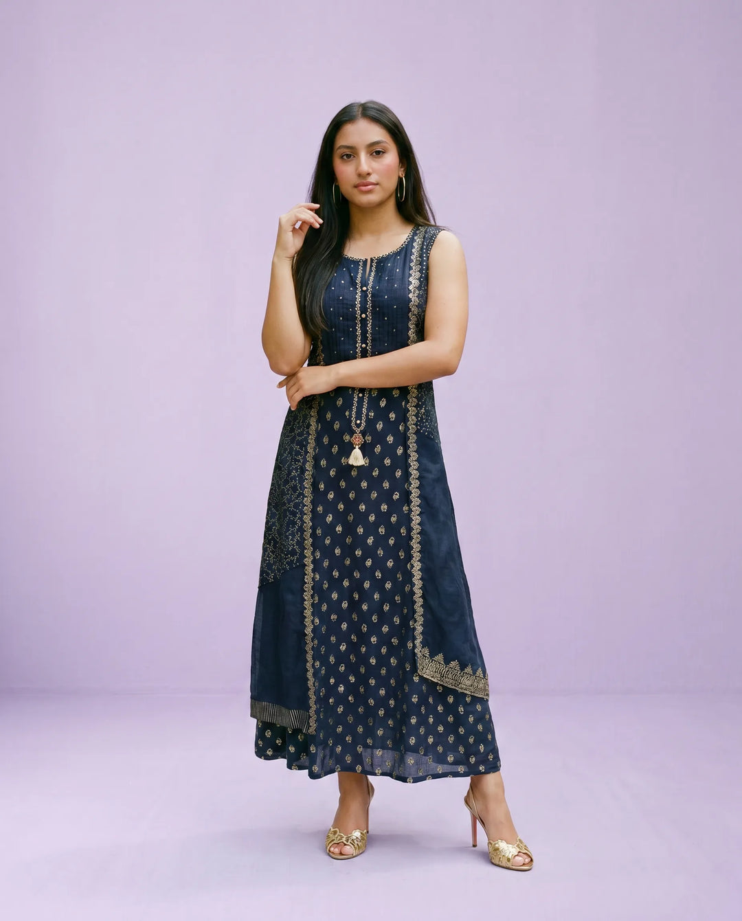 Navy Printed Rayon Sleeveless Maxi Dress