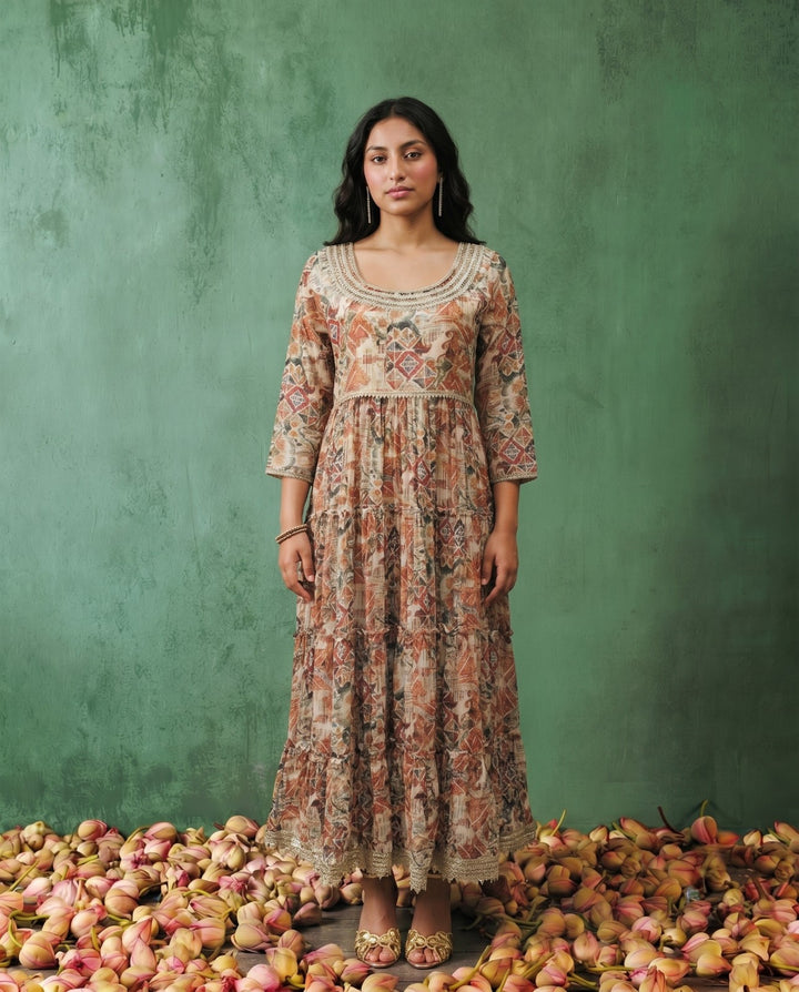 Multi-Colour Printed Silk Blended Maxi Dress