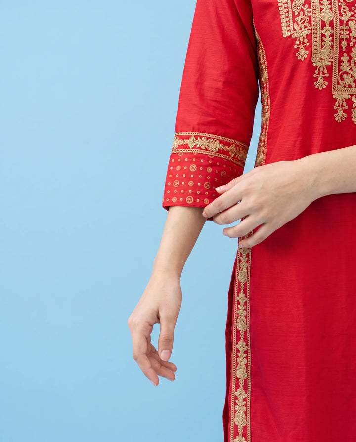 Red Embroidered Viscose Blended Straight cut Long Kurta