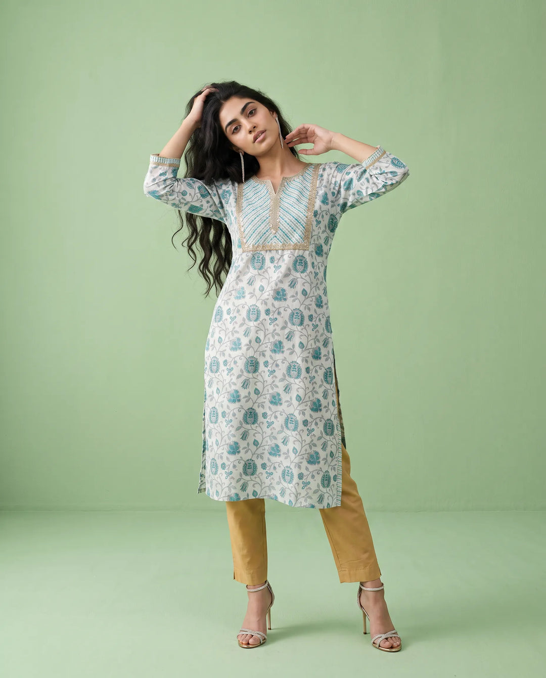 Blue Printed Viscose Blended Straight cut Long Kurta