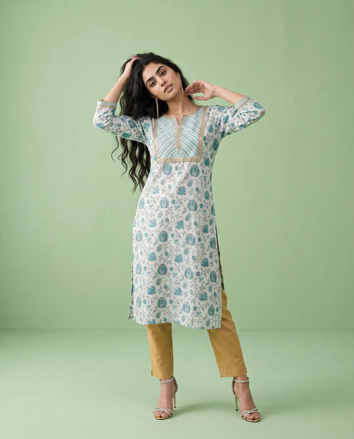 Blue Printed Viscose Blended Straight cut Long Kurta