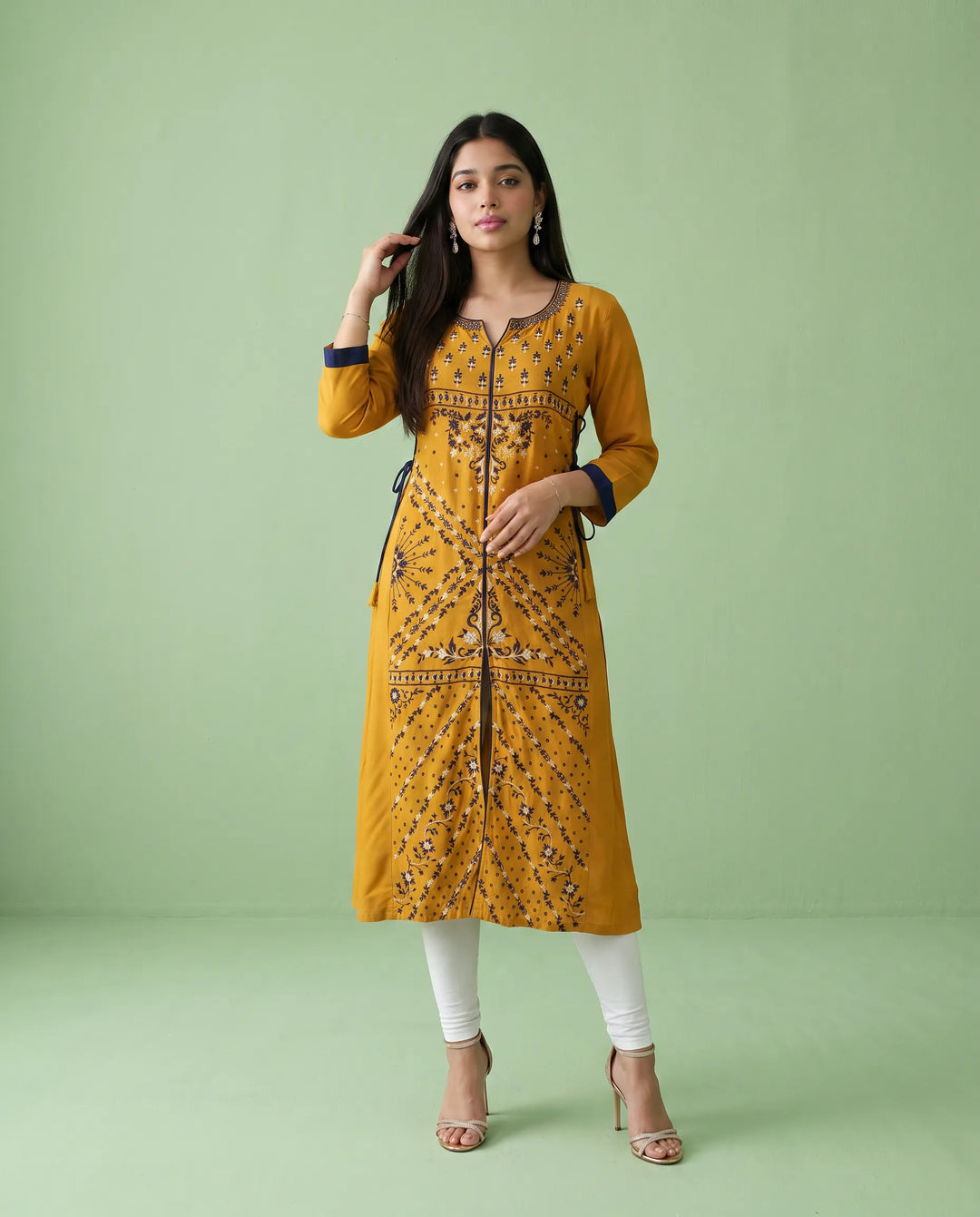 Yellow Embroidered Rayon Straight cut Long Kurta