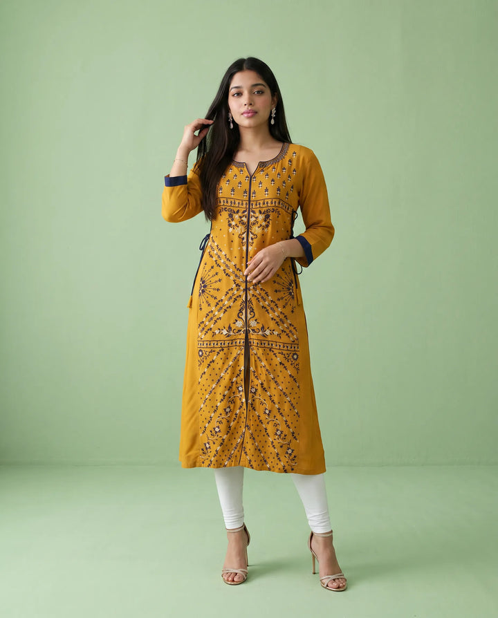 Yellow Embroidered Rayon Straight cut Long Kurta