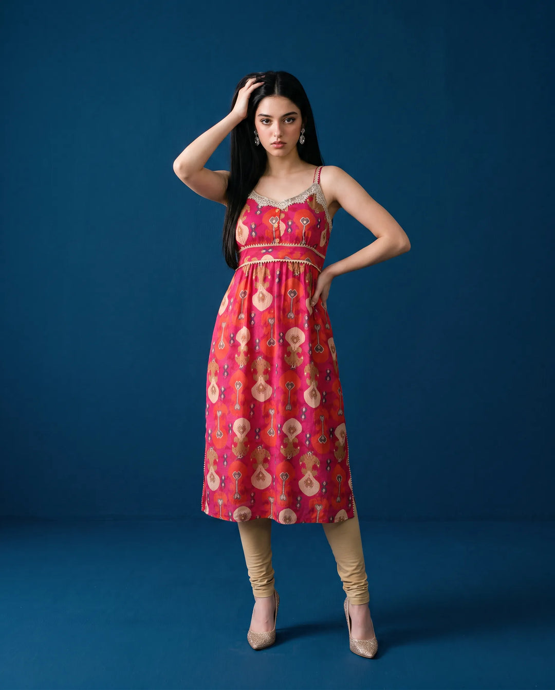 Pink Printed Viscose Blended Spaghetti Strap Straight Cut Long Kurta