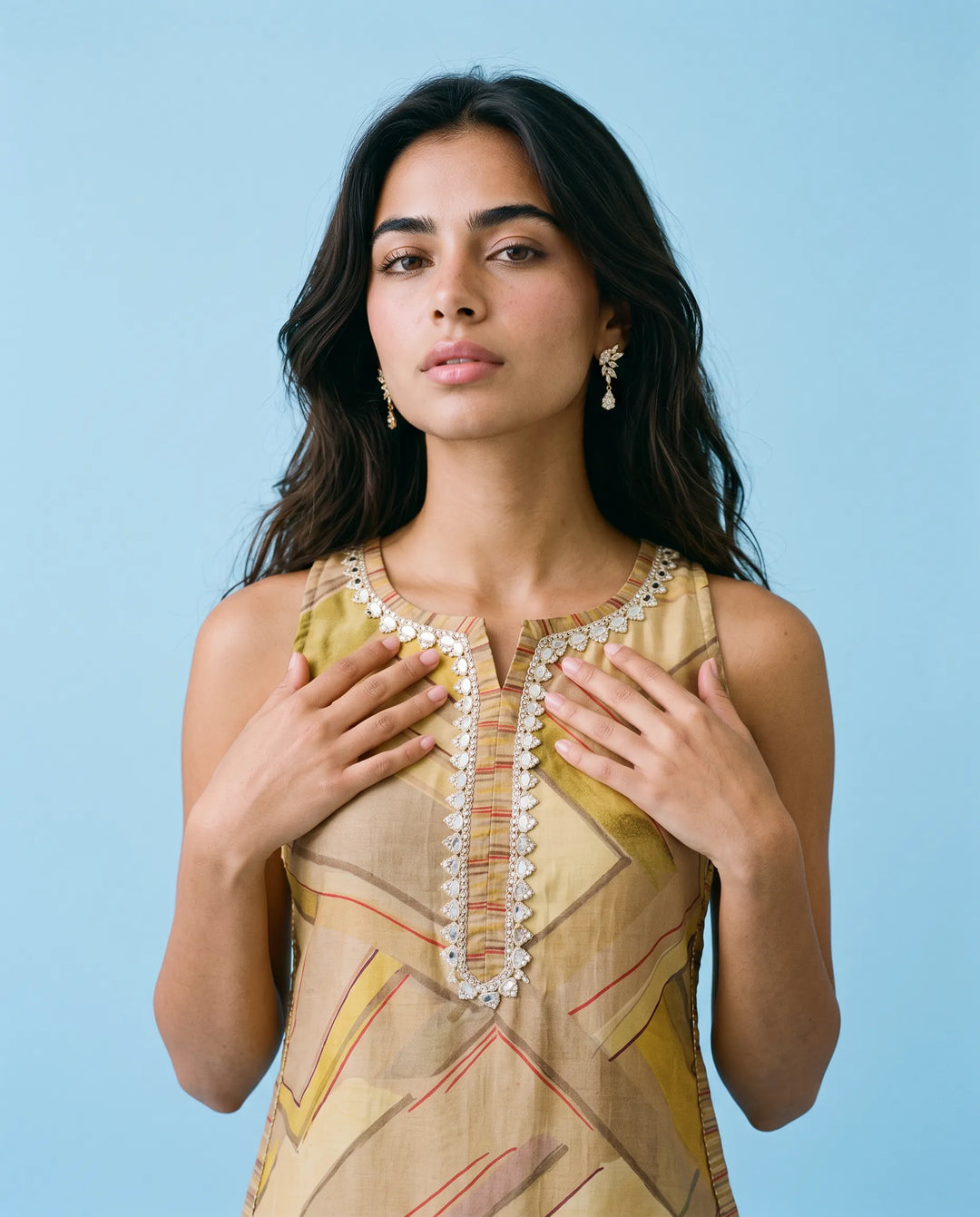 Beige Viscose Blended Sleeveless Straight cut Long Kurta