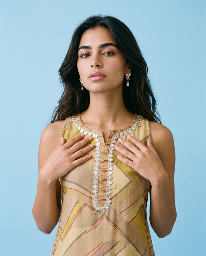 Beige Viscose Blended Sleeveless Straight cut Long Kurta