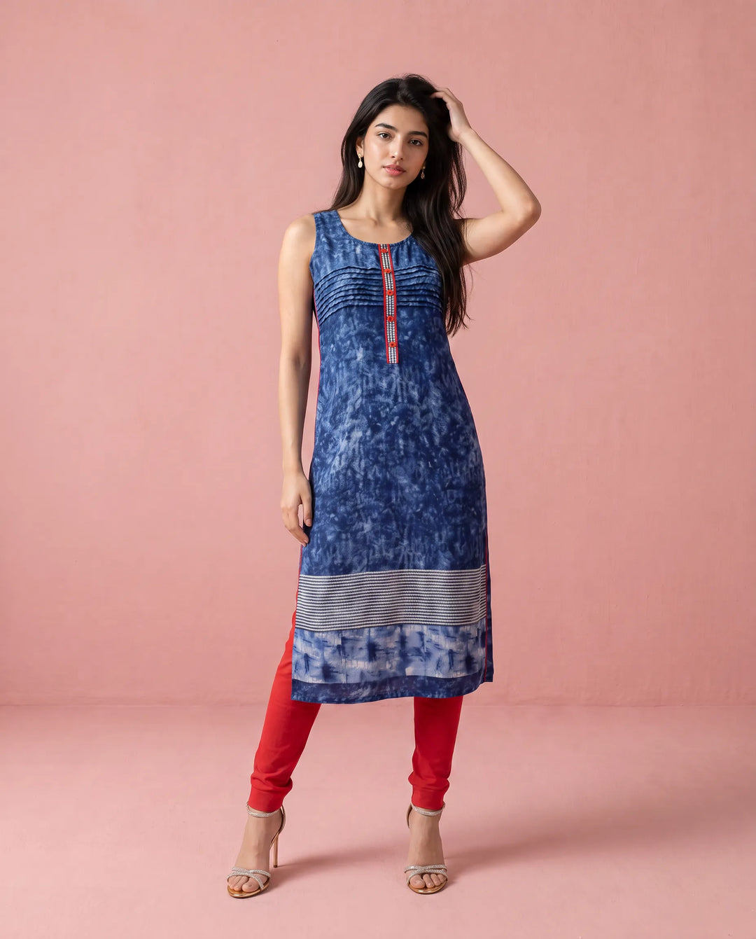 Navy Printed Viscose Blended Straight cut Long Kurta