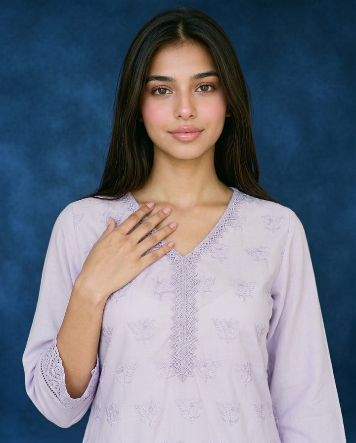 Lavender Embriodered Cotton Short Kurti