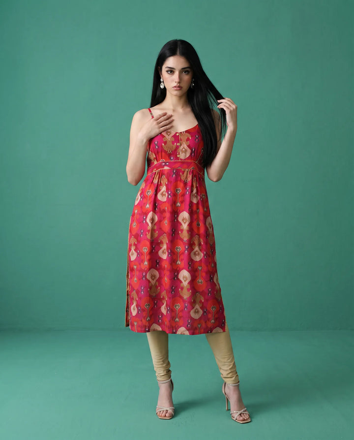 Pink Printed Viscose Blended Spaghetti Strap Straight Cut Long Kurta