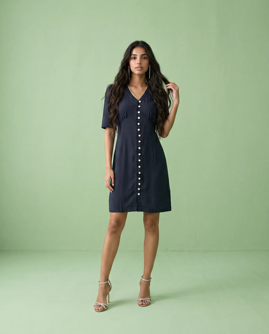 Navy Solid Viscose Blended Midi Dress