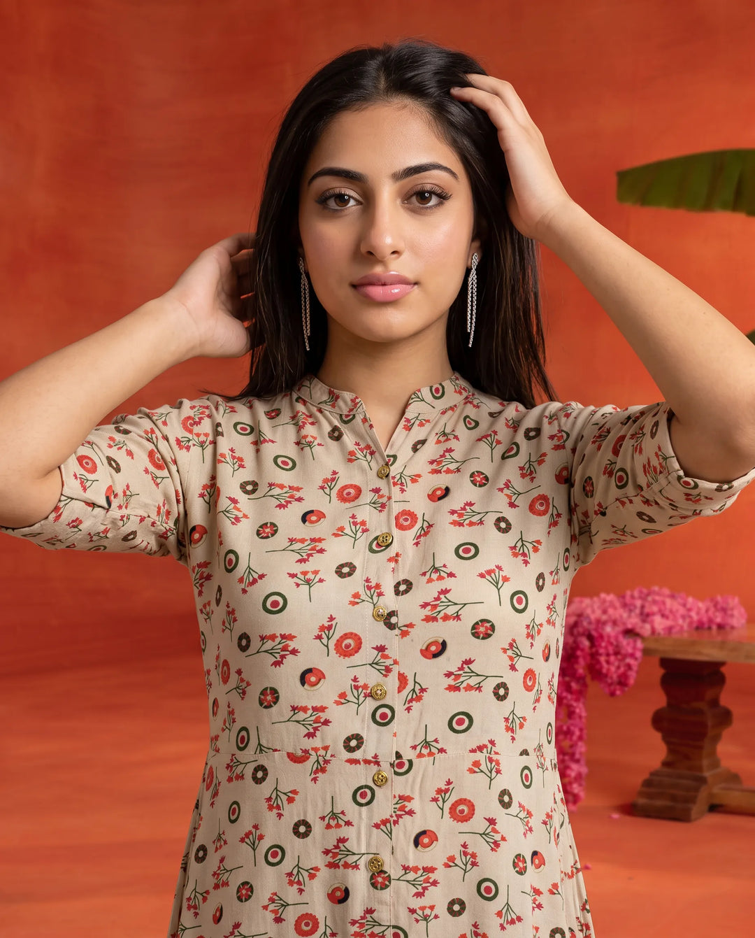Orange Printed Rayon Maxi Dress