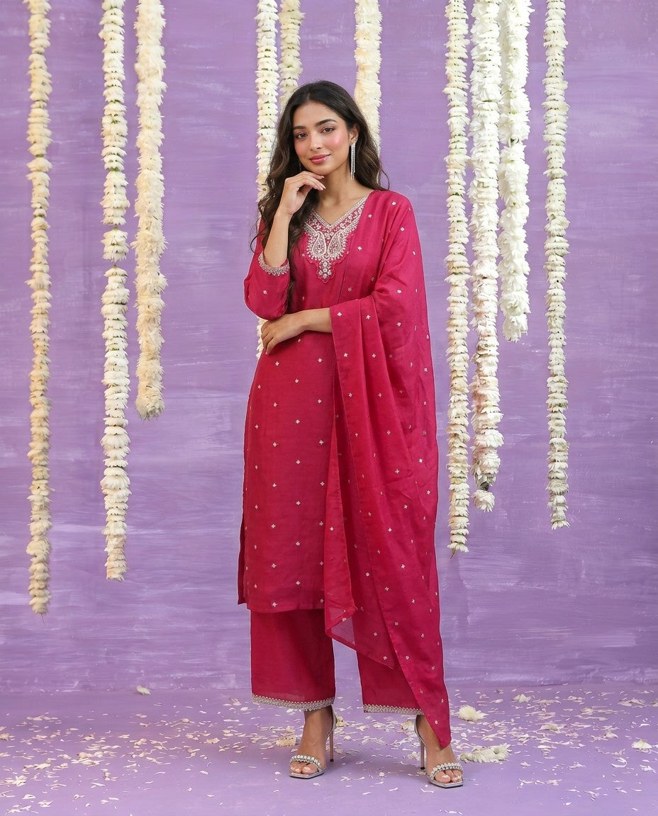 Magenta Embriodered Silk Blended Kurta Bottom Dupatta Set