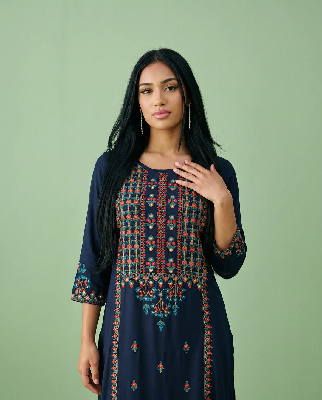 Navy Embroidered Rayon Straight cut Long Kurta